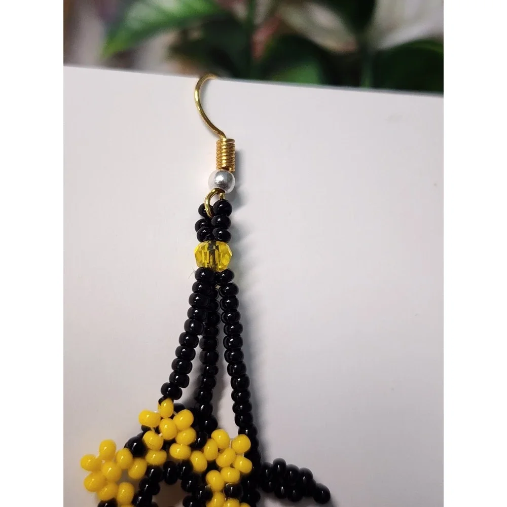 Flower Beaded Yellow Color Earrings. Long 2.5